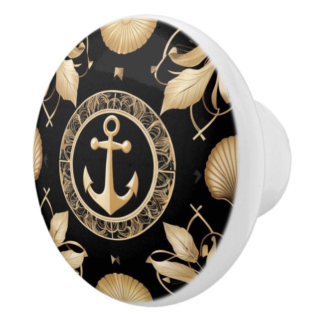 Anchor Black and Gold Nautical Drawer Puller Ceramic Knob (Right)