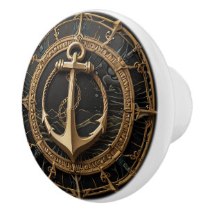 Anchor Black and Gold Nautical Faux Relief Ceramic Knob
