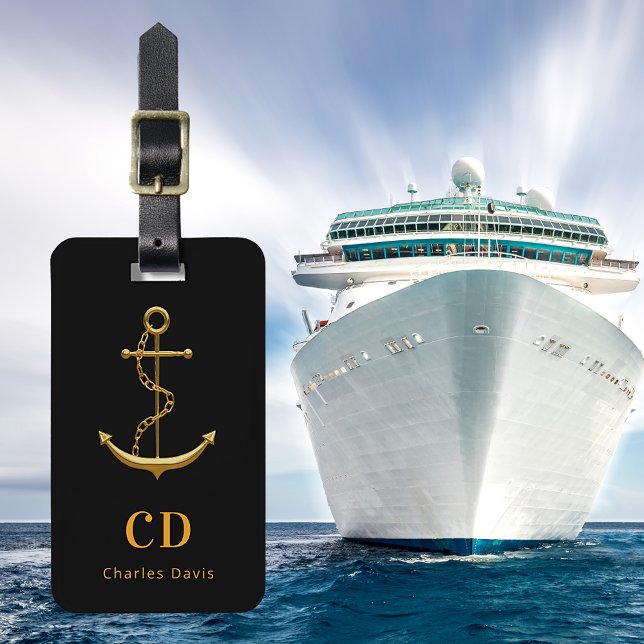 Anchor black gold monogram name luggage tag (Creator Uploaded)