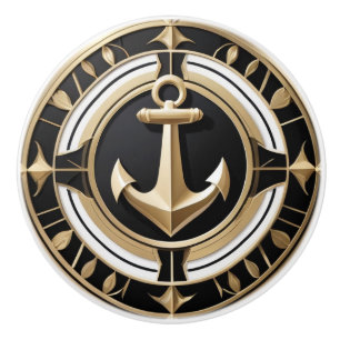 Anchor Black White and Gold Nautical Ceramic Knob