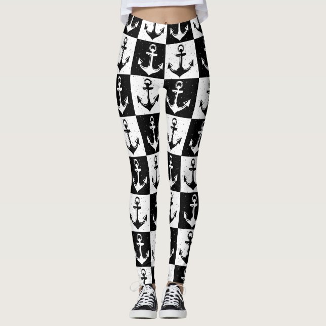 Anchor Black White Chequered Block Pattern Leggings (Front)