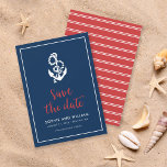 Anchor Blue and Red Script Save the Date<br><div class="desc">Stylish Nautical Save the Date featuring an anchor and the words "save the date" in a stylish red script against a blue background with a white border. Card has a white stripes pattern against a red background back side. Check out other wedding items here https://www.zazzle.com/rosewoodandcitrus/gifts?cg=196540141241316965&rf=238364477188679314 Personalise it by replacing the...</div>
