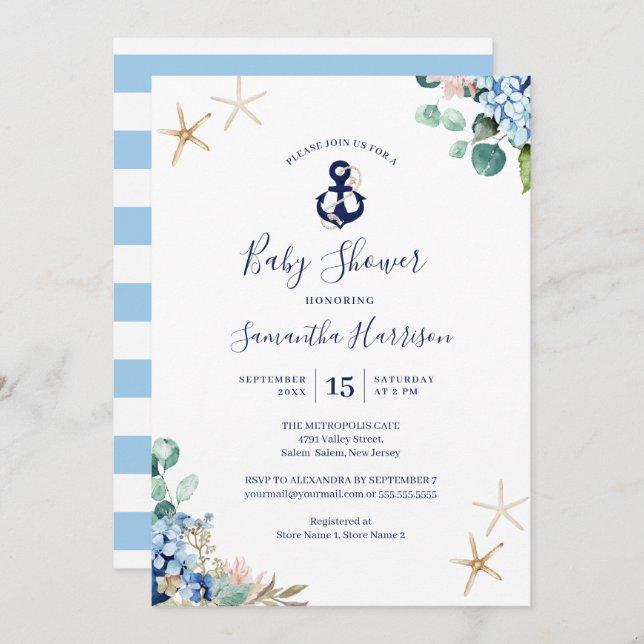 Anchor Blue Beach Nautical Floral Baby Shower Invitation (Front/Back)