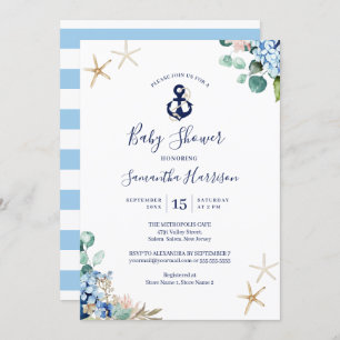 Anchor Blue Beach Nautical Floral Baby Shower Invitation