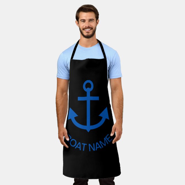Anchor Blue Personalised Your Boat Name Black Apron (Worn)