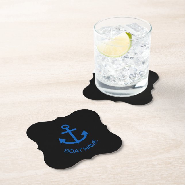 Anchor Blue Personalised Your Boat Name Black Paper Coaster (Insitu)