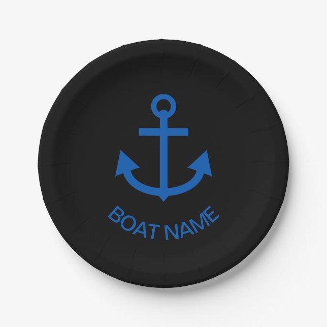 Anchor Blue Personalised Your Boat Name Black Paper Plate (Front)