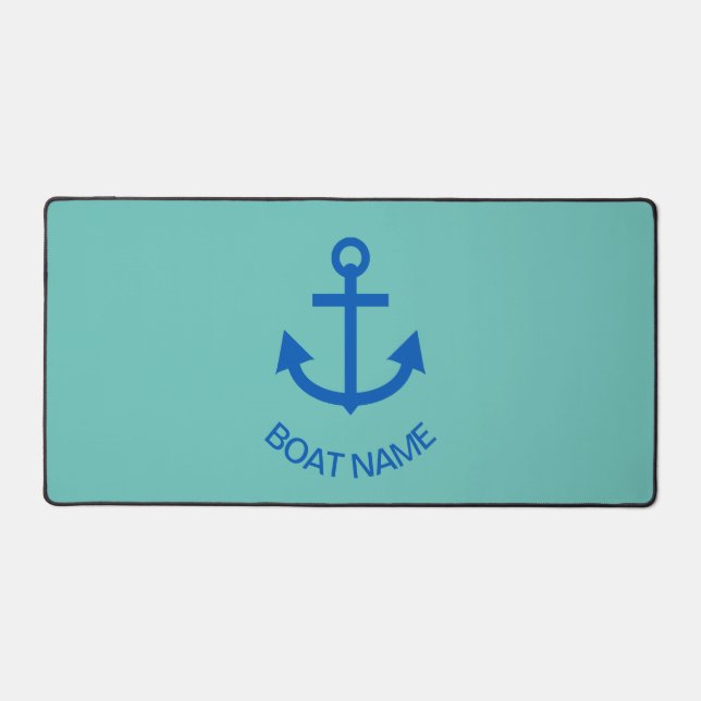Anchor Blue Personalised Your Boat Name Mint Green Desk Mat (Front)