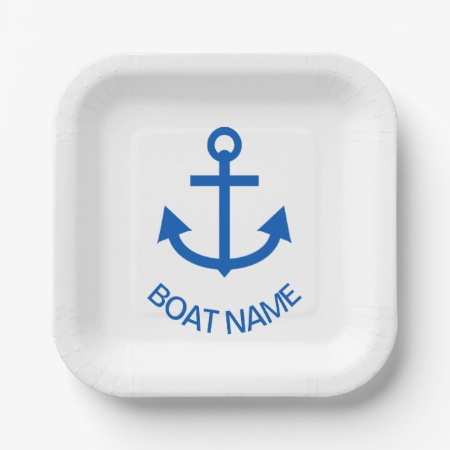 Anchor Blue Personalised Your Boat Name White Paper Plate (Front)