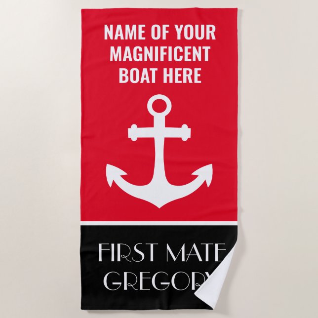 Anchor Boat Name Personalised Nautical Beach Towel (Front)