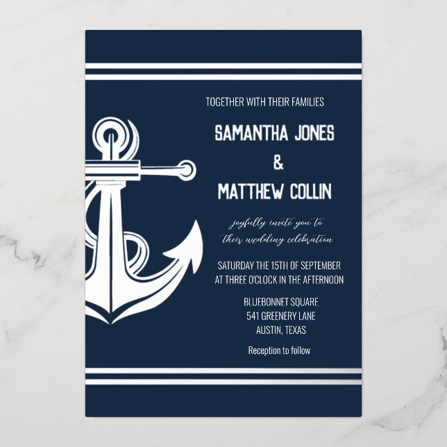 Anchor Boat Nautical Navy Blue Silver Foil Wedding (Front)