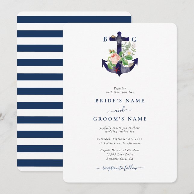 Anchor Botanical Floral Nautical Summer Wedding Invitation (Front/Back)