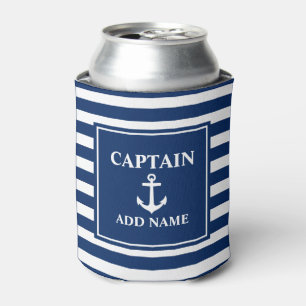 Anchor Captain Add Name or Boat Name Blue Stripes Can Cooler
