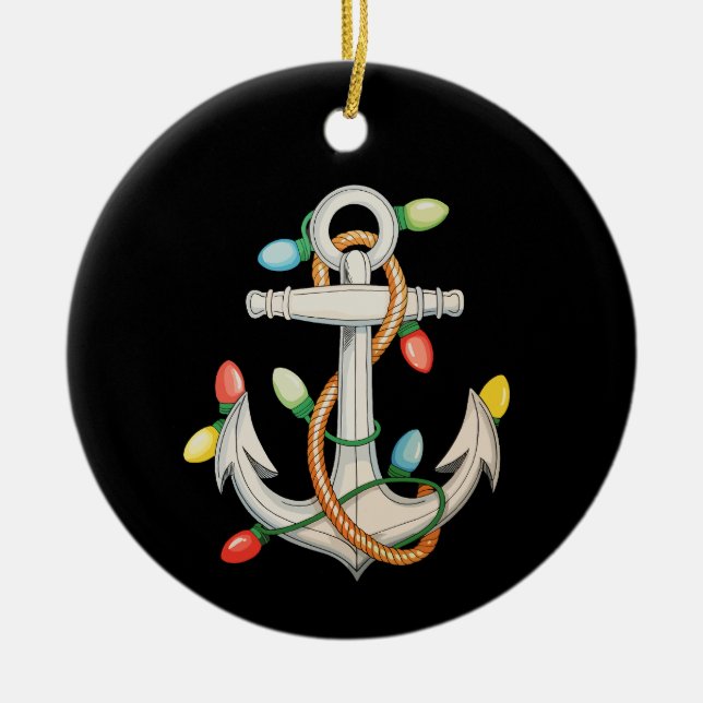 Anchor Christmas Xmas Lights Sailing Cruise Boat Ceramic Ornament (Front)