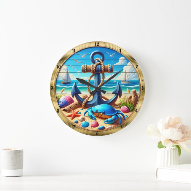 Anchor Crab Beach Nautical  Large Clock (Home)