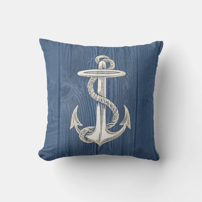 Anchor Cream Vintage Blue Wood Pillow (Front)