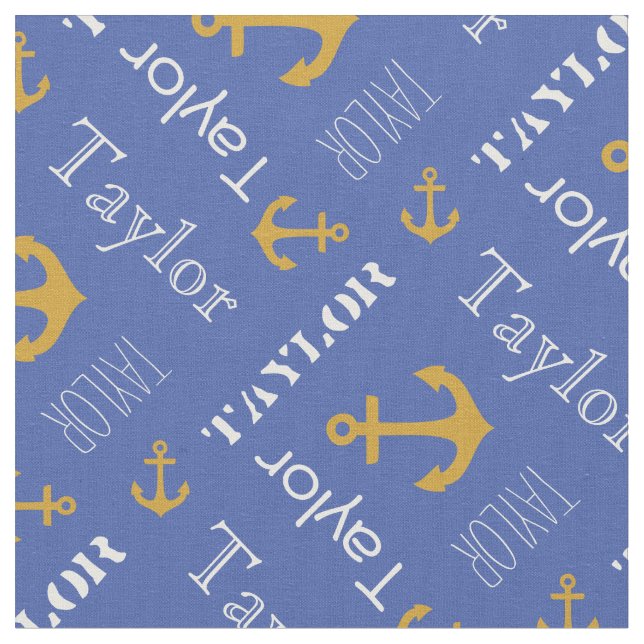 Anchor custom name gold blue nautical text fabric (Close Up)