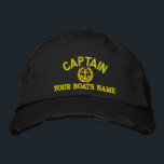 Anchor design sailing captain embroidered hat<br><div class="desc">Traditional anchor design sailing captain cap with an embroidered anchor and laurel leaf motif with your sail or motor boats name, or change the text for another crew member. The gold yellow colour of the text and motif can be customised from a range of custom colours to coordinate with your...</div>