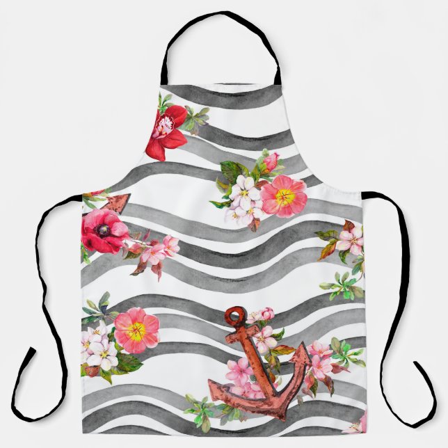 Anchor, flowers and sea waves. Seamless pattern wi Apron (Front)