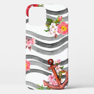 Anchor, flowers and sea waves. Seamless pattern wi iPhone 12 Case