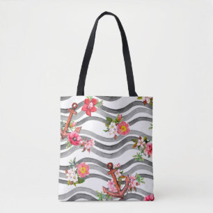 Anchor, flowers and sea waves. Seamless pattern wi Tote Bag