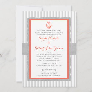 Anchor Grey Stripes Coral Wedding Invitation