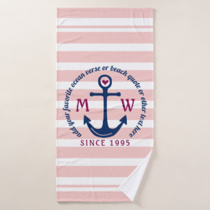 Anchor Heart Pink Stripes Nautical Monogram Logo Bath Towel