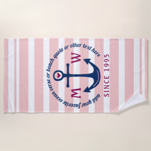 Anchor Heart Pink Stripes Nautical Monogram Logo Beach Towel