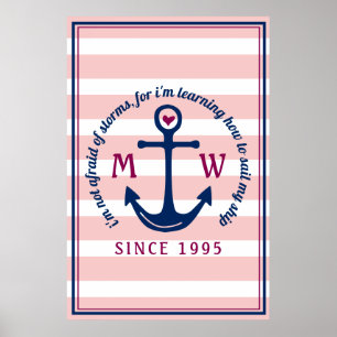 Anchor Heart Pink Stripes Nautical Monogram Logo Poster