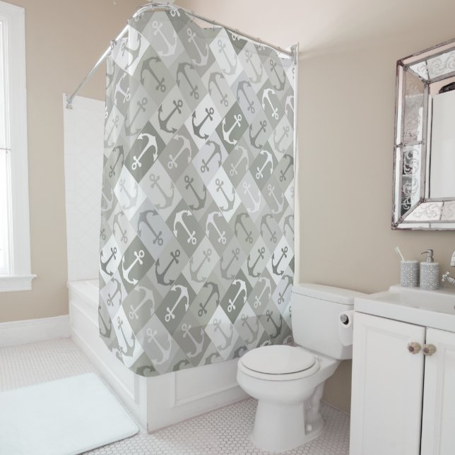 anchor herringbone mono shower curtain (In Situ)