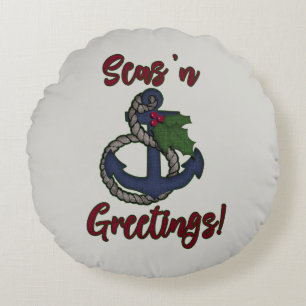 Anchor & Holly Leaves   Nautical Holiday Round Cushion