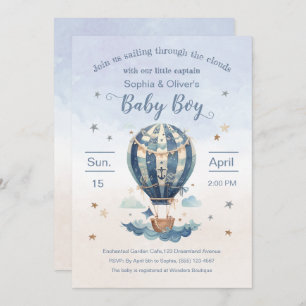 Anchor Hot Air Balloon Boy Baby Shower Watercolor Invitation