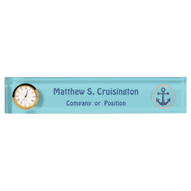 Anchor in Rope on blue Personalised Nautical Nameplate (Front)