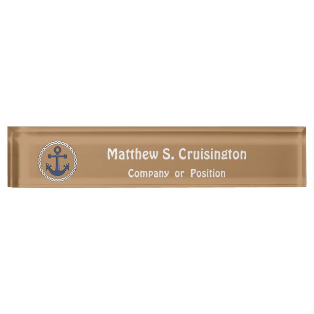 Anchor in Rope on Tan Personalised Nautical Nameplate (Front)