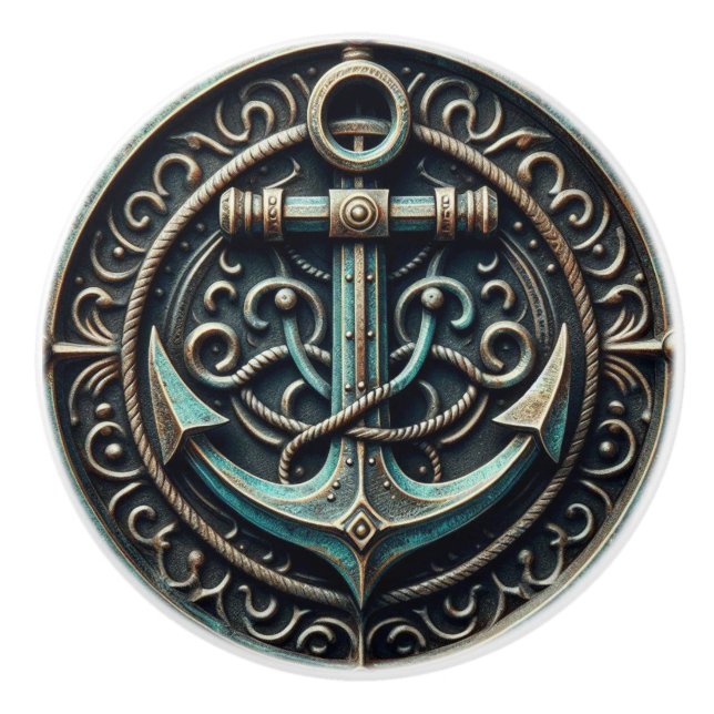 Anchor Iron and Patina Nautical Ceramic Knob (Front)