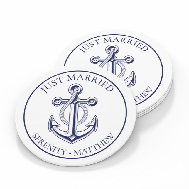 Anchor Just Married Navy Blue Nautical Wedding  Classic Round Sticker (Creator Uploaded)