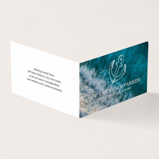 Anchor Logo | Ocean Waves | Boating Business Card (Outside)