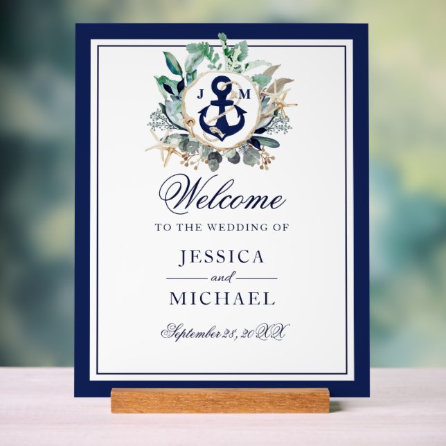 Anchor Monogram Greenery Wreath Wedding Welcome  Acrylic Sign (Neutral)
