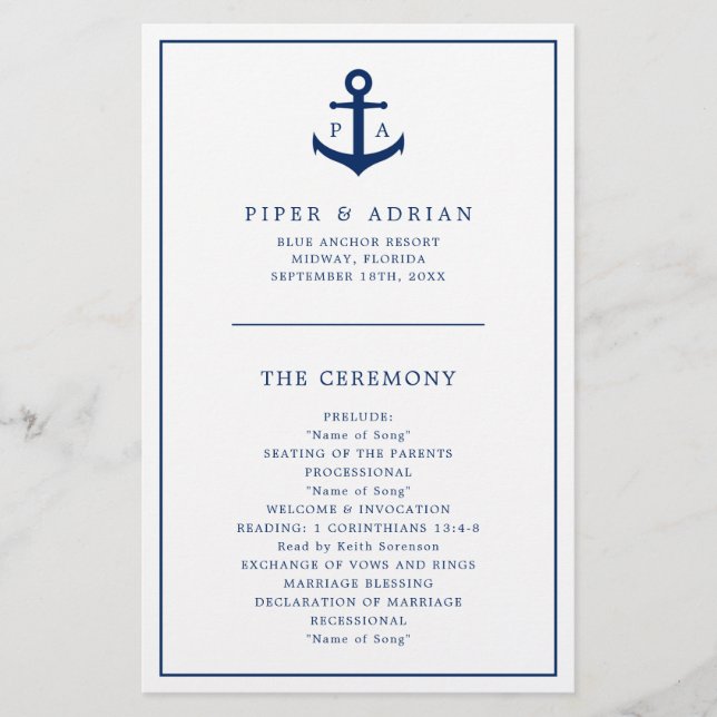 Anchor Monogram Nautical Budget Wedding Program Flyer (Front)