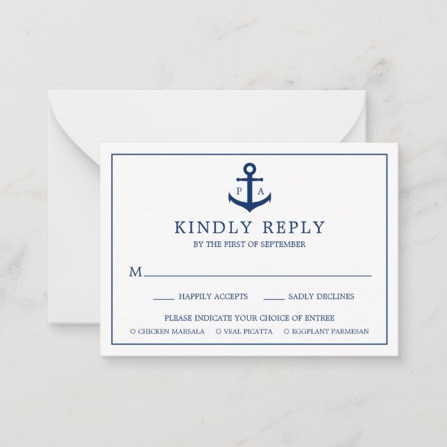 Anchor Monogram Nautical Wedding Mini RSVP Card (Front)