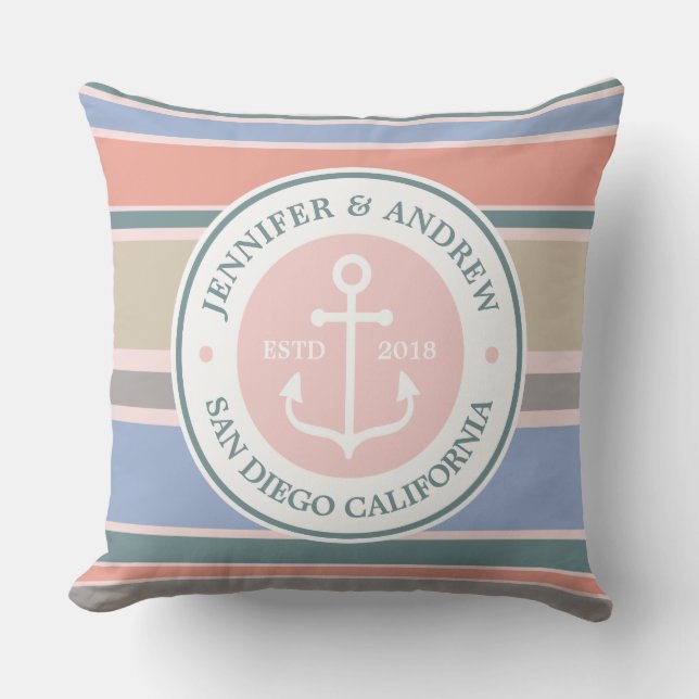 Anchor Monogram Trendy Stripes Pink Nautical Beach Cushion (Front)