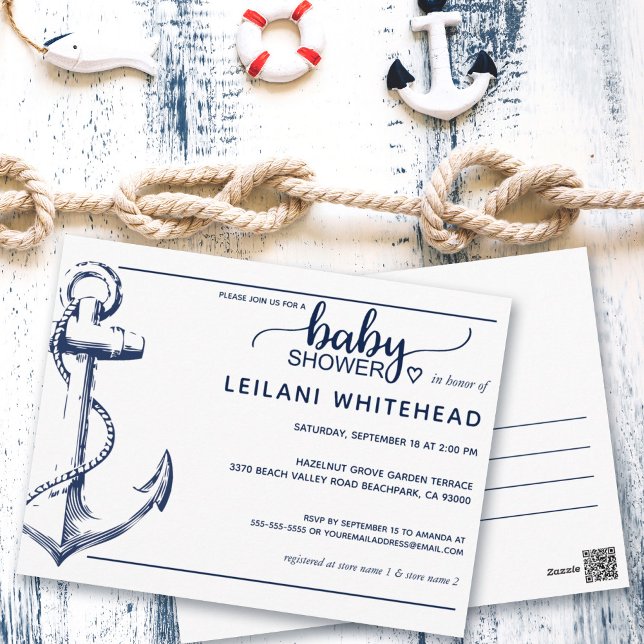 Anchor Nautical Baby Shower Invite White Postcard (Creator Uploaded)
