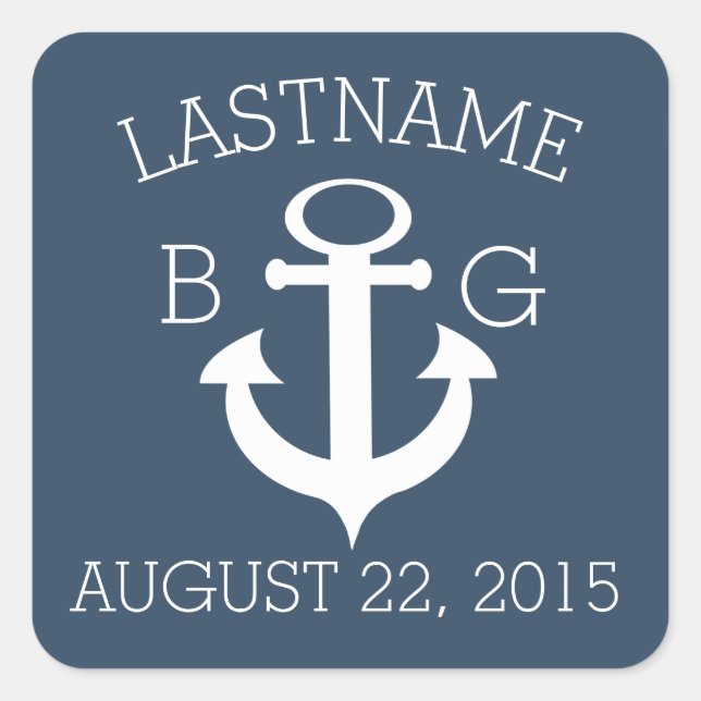 Anchor Nautical Blue Monogram Square Sticker (Front)