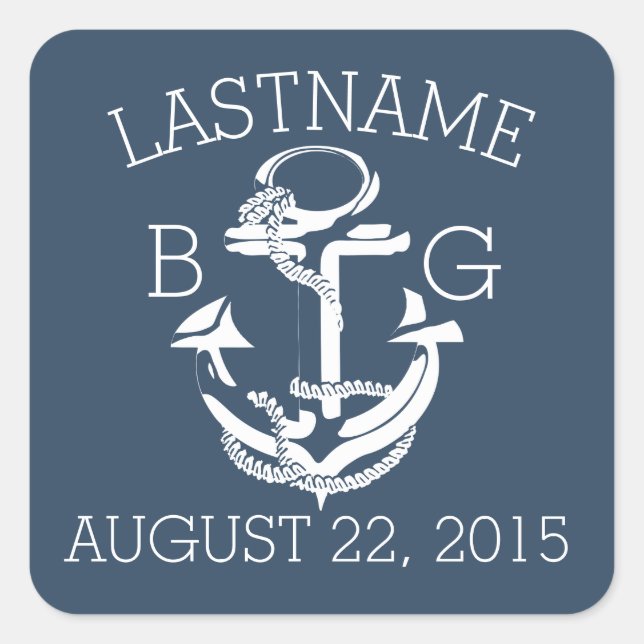 Anchor Nautical Blue Monogram Square Sticker (Front)