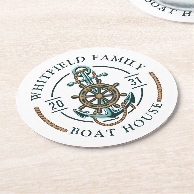 Anchor Nautical Boat Wheel and Rope Family Round Paper Coaster (Angled)
