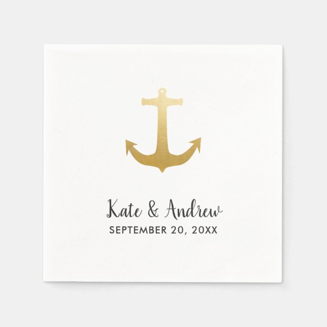 Anchor Nautical Faux Gold Foil | Ocean Wedding Napkin (Front)