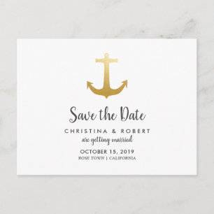 Anchor Nautical Faux Gold Foil   Save The Date Announcement Postcard