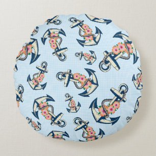 Anchor Nautical Floral on Light Blue Round Cushion