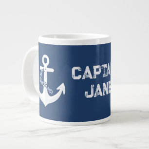 Anchor Nautical Sailing Boating White Navy Blue Large Coffee Mug