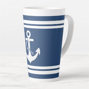 Anchor Nautical Sailing Boating White Navy Blue Latte Mug